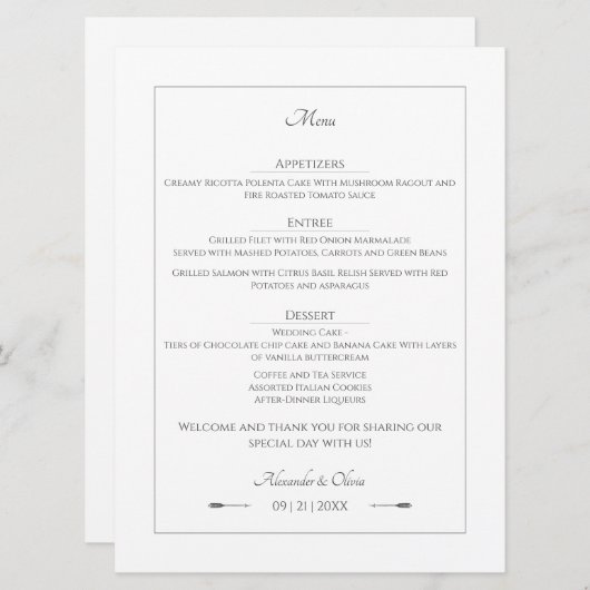 Minimalistische pijlen bruiloft | Wit Menu (Voorkant / Achterkant)
