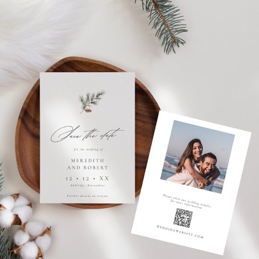 Minimalistische Pine Branch Winter QR Fotobruiloft Save The Date