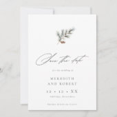 Minimalistische Pine Branch Winter QR Fotobruiloft Save The Date (Voorkant)
