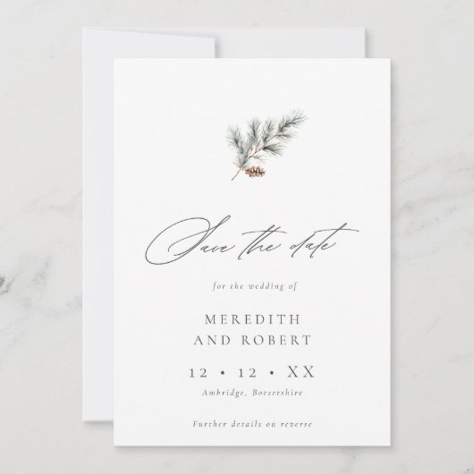 Minimalistische Pine Branch Winter QR Fotobruiloft Save The Date (Voorkant)
