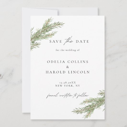Minimalistische Pine Branch Winter Save The Date K Kaart (Voorkant)