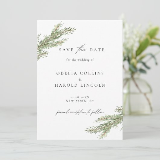 Minimalistische Pine Branch Winter Save The Date K Kaart (Staand voorkant)