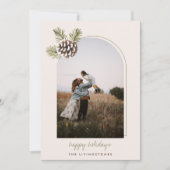 Minimalistische Pine Cone & Leaves Double Arch Fot Feestdagenkaart (Voorkant)