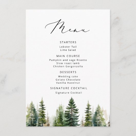 Minimalistische Pine Tree elegante bruiloft Menu (Voorkant)
