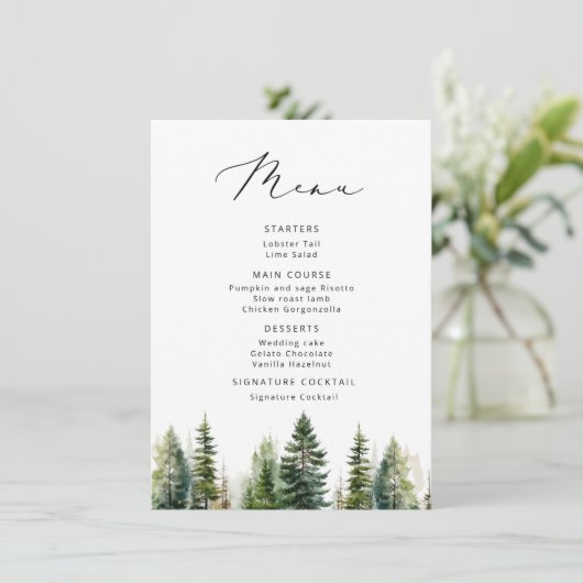 Minimalistische Pine Tree elegante bruiloft Menu (Staand voorkant)