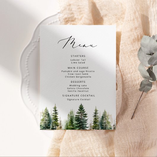 Minimalistische Pine Tree elegante bruiloft Menu