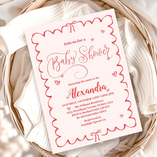 Minimalistische Pink Bow Doodle Baby shower Kaart