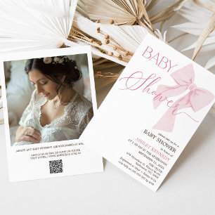 Minimalistische Pink Bow QR Code Baby shower Kaart