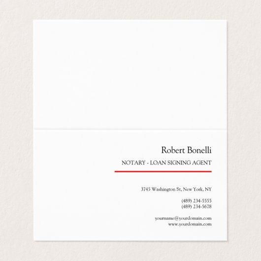 Minimalistische Plain Red White Moderne Notaris Visitekaartje (Buitenkant ongevouwen)