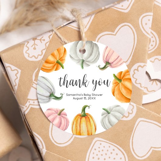 Minimalistische Pompoen Herfst Baby shower Ronde Bedankjes Labels