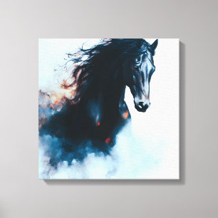 Minimalistische portret van zwart paard in galop canvas afdruk