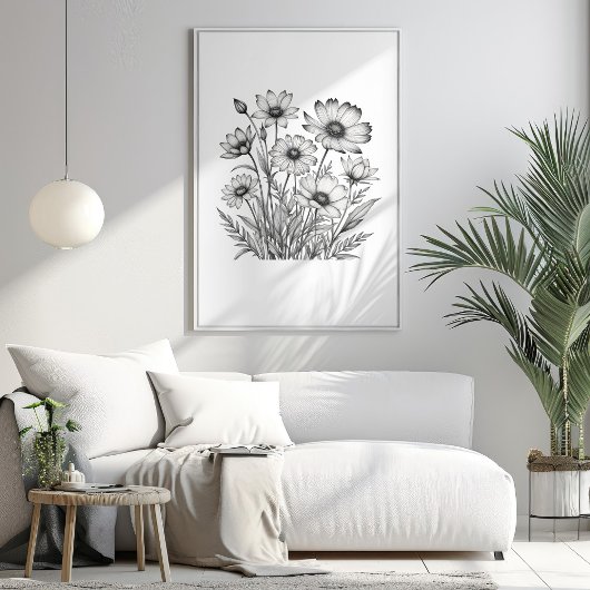 Minimalistische potloodschets van zomerbloemen poster