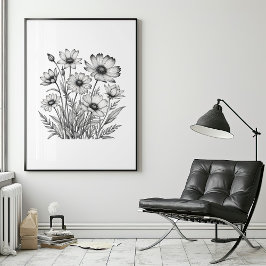 Minimalistische potloodschets van zomerbloemen poster