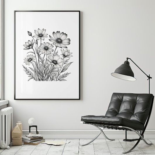 Minimalistische potloodschets van zomerbloemen poster