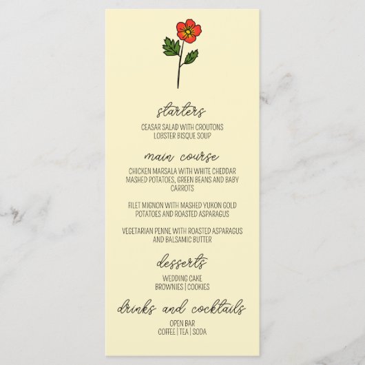 Minimalistische Primrose bruiloft Menu (Voorkant)