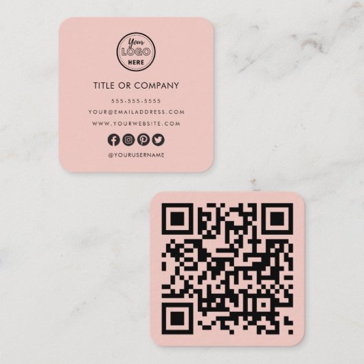 Minimalistische professionele Logo QR Code Blush R Vierkante Visitekaartje (Voorkant / Achterkant)