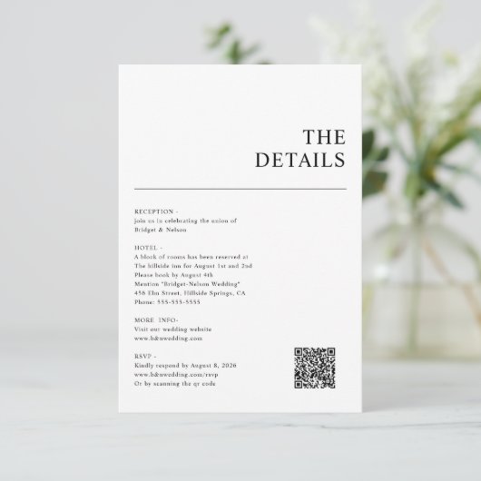 Minimalistische QR-code bruiloft details Informatiekaartje (Staand voorkant)