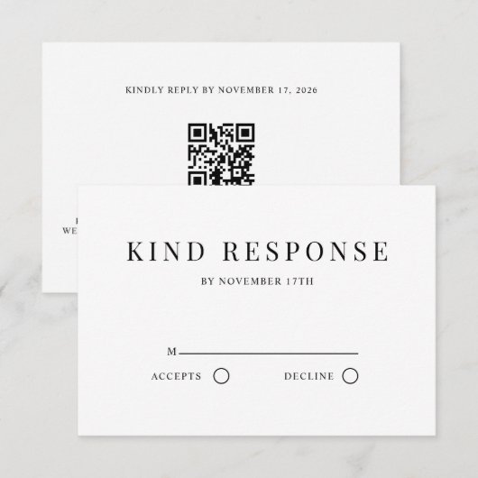 Minimalistische QR-code Elegante Witte Bruiloft RSVP Kaartje (Voorkant / Achterkant)