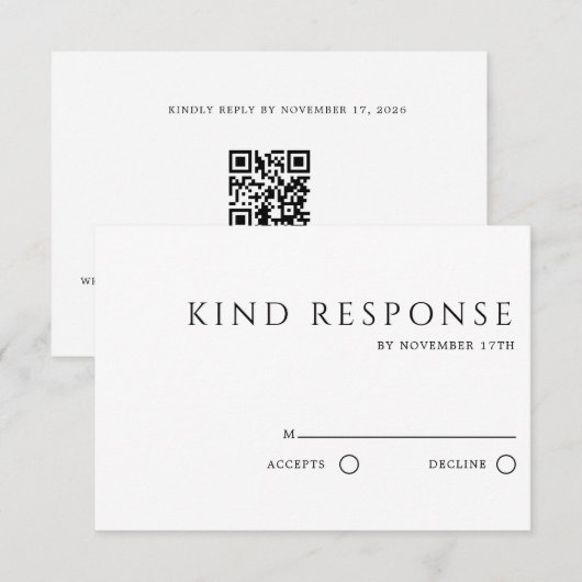 Minimalistische QR-code Elegante Witte Bruiloft RSVP Kaartje (Voorkant / Achterkant)