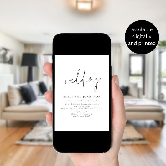 Minimalistische QR-code Huwelijk Zwart Wit Script Kaart