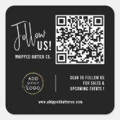 Minimalistische QR-code + LOGO Black Volg ons! Vierkante Sticker (Voorkant)