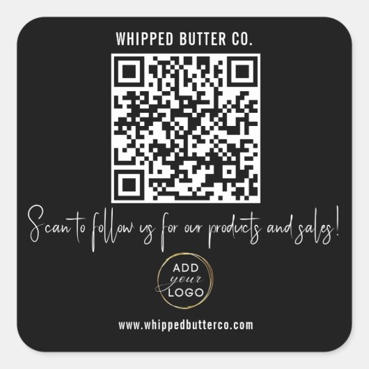 Minimalistische QR-code + LOGO Black Volg ons! Vierkante Sticker (Voorkant)