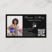 Minimalistische QR-code schoonmaakdiensten foto zw Visitekaartje (Voorkant)