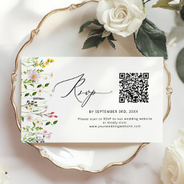 Minimalistische QR-code trouw-RSvp met wilde bloem Informatiekaartje