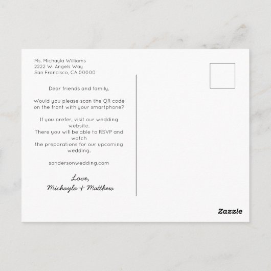 Minimalistische QR Code White Wedding Uitnodiging (Achterkant)