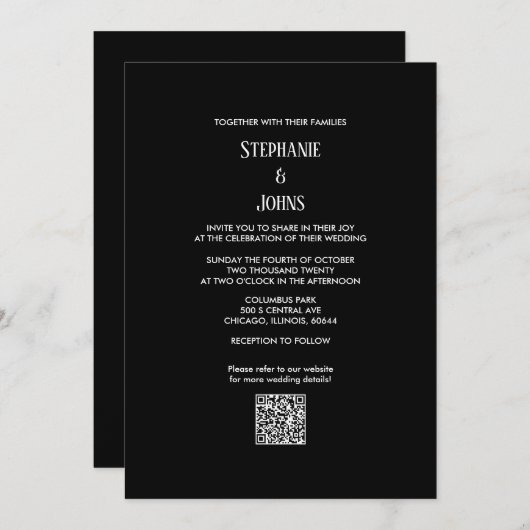 Minimalistische QR Code Zwart Wit Script Bruiloft Kaart (Voorkant / Achterkant)