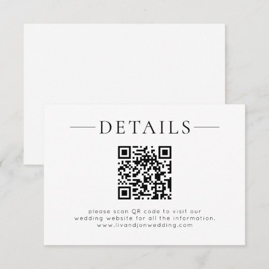 Minimalistische QR-code zwart-wit trouwdetails Informatiekaartje (Voorkant / Achterkant)