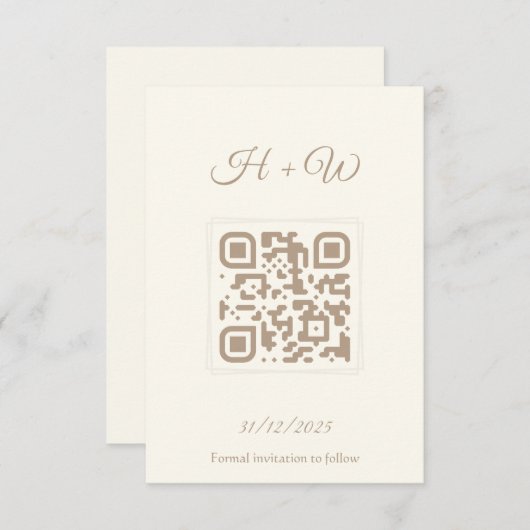 Minimalistische QR Save the Date | Elegant Cream W Bedankkaart (Voorkant / Achterkant)