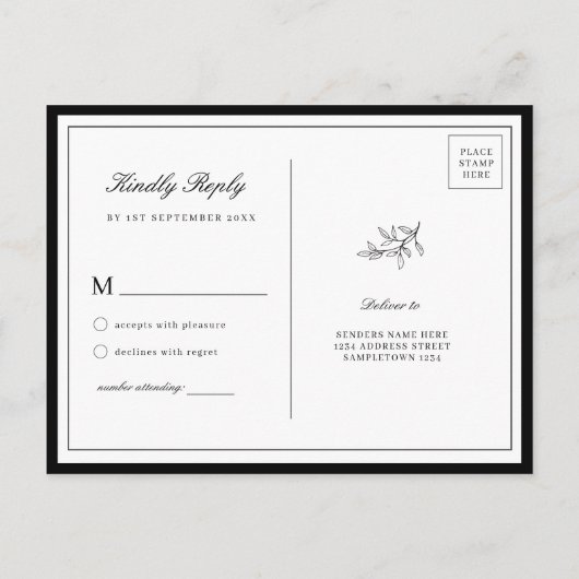 Minimalistische rand sierlijk blad RSVP kaart (Achterkant)