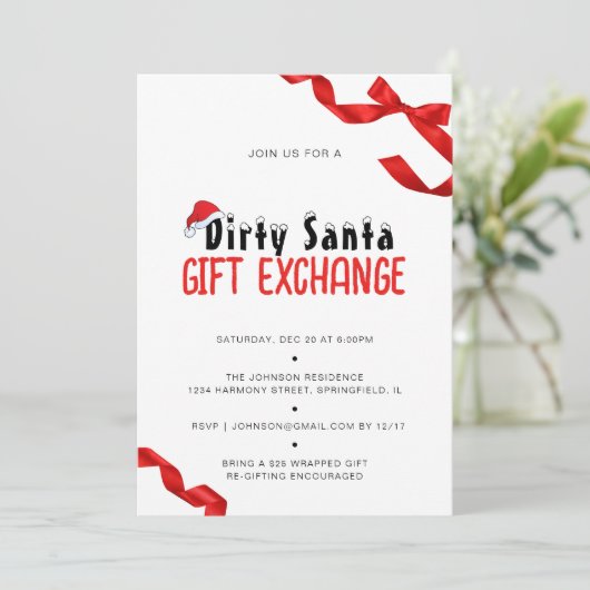 Minimalistische Red Bow Dirty Santa Gift Exchange Kaart (Staand voorkant)