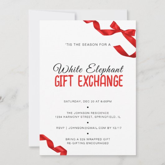 Minimalistische Red Bow White Elephant Gift Exchan Kaart (Voorkant)