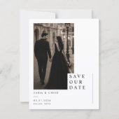 Minimalistische redactionele Save The Date kaart. (Voorkant)