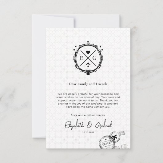 Minimalistische reisbestemming Bruiloft Zwart Bedankkaart (Voorkant)