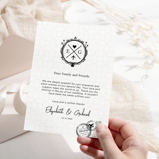 Minimalistische reisbestemming Bruiloft Zwart Bedankkaart