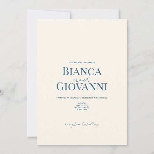 Minimalistische Retro Blauwe Typografie Trouwen Kaart (Voorkant)