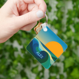 Minimalistische Retro Oceaan Golf Zonsondergang Sl Sleutelhanger