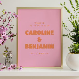 Minimalistische Retro Roze en Oranje Trouw Welkom Poster
