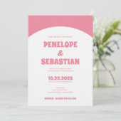 Minimalistische Retro Roze Groovy Foto Bruiloft Kaart (Staand voorkant)