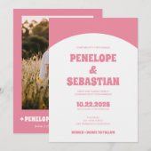 Minimalistische Retro Roze Groovy Foto Bruiloft Kaart (Voorkant / Achterkant)