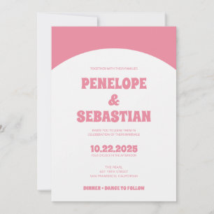 Minimalistische Retro Roze Groovy Foto Bruiloft Kaart