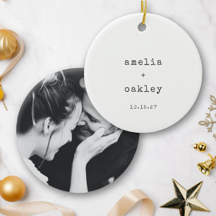 Minimalistische retro typemachine wit bruiloft fot keramisch ornament