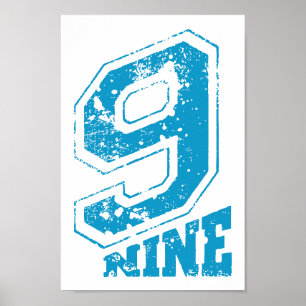 Minimalistische Retro Typografie Blauw Nummer 9 Poster
