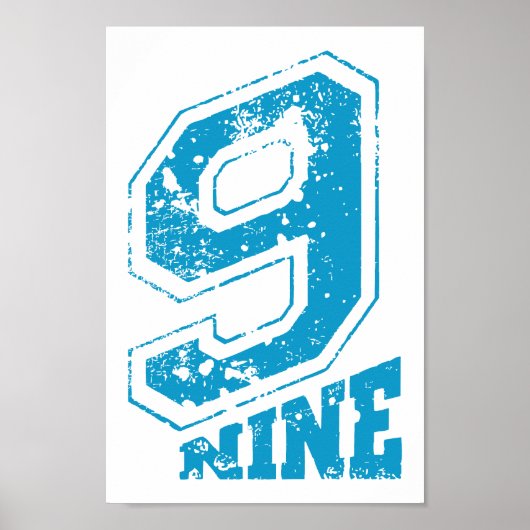 Minimalistische Retro Typografie Blauw Nummer 9 Poster (Voorkant)