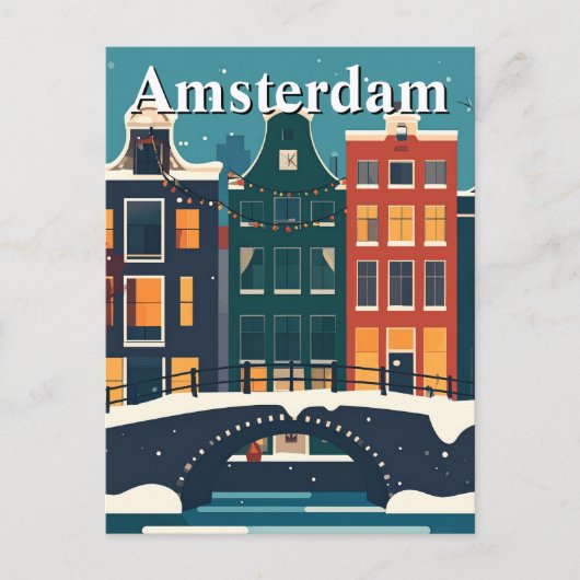 Minimalistische Retro Winter in Amsterdamse gracht Briefkaart (Voorkant)