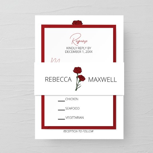 Minimalistische rode anjers bruiloft uitnodigingen wikkel