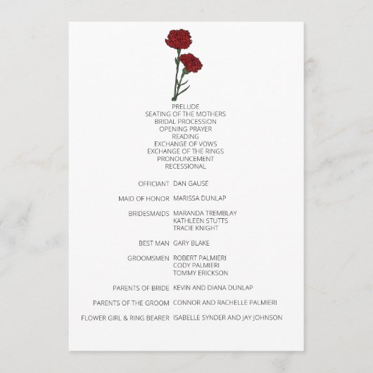 Minimalistische Rode Anjers Trouwprogramma Programmakaart (Voorkant)